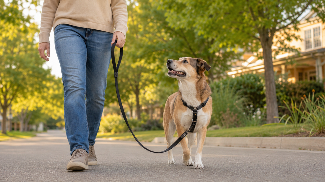 A dog walking calmly beside its handler on a loose leash.
