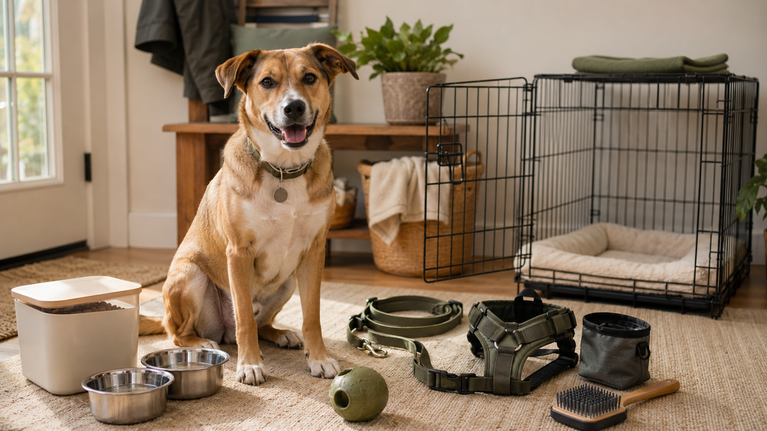 A newly adopted dog sitting beside essential supplies in a welcoming home.
