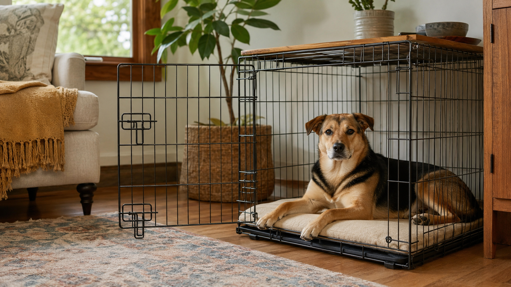 A relaxed dog resting inside a comfortable crate with the door open.